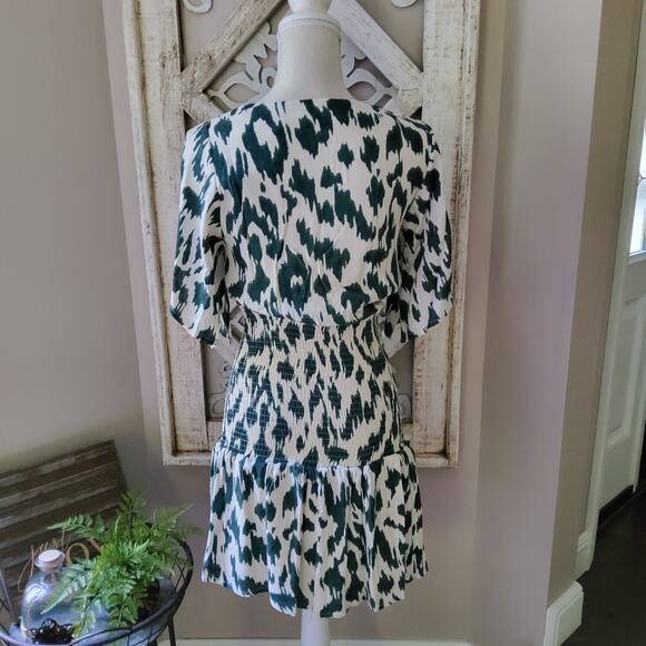 Macaron Women's Surplice Woven Smocked Waist Ruffle Mini Dress in Green Leopard - Picture 5 of 16